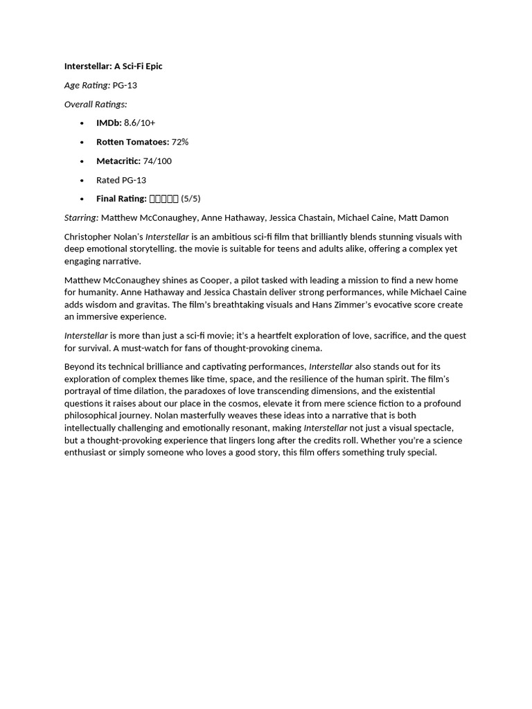 Interstellar Review Pdf Philosophy General Fiction
