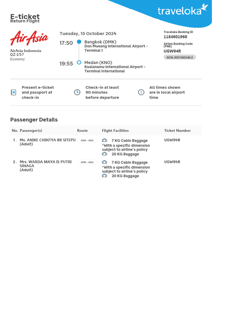 AirAsia E-Ticket: Medan to Bangkok | PDF | Airlines | Airport