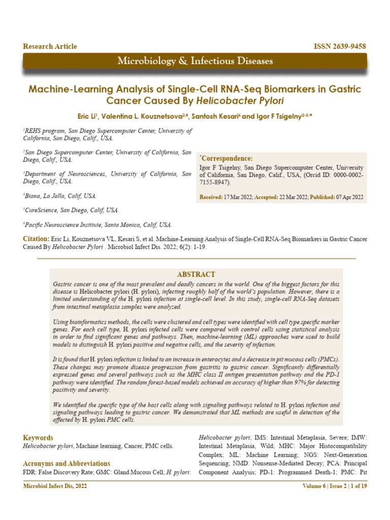 Machinelearning Analysis of Singlecell Rnaseq Biomarkers in Gastric ...