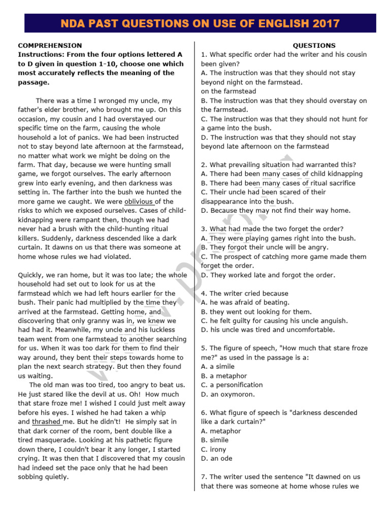 NDA Use of English Past Questions 2017 | PDF | Experiment
