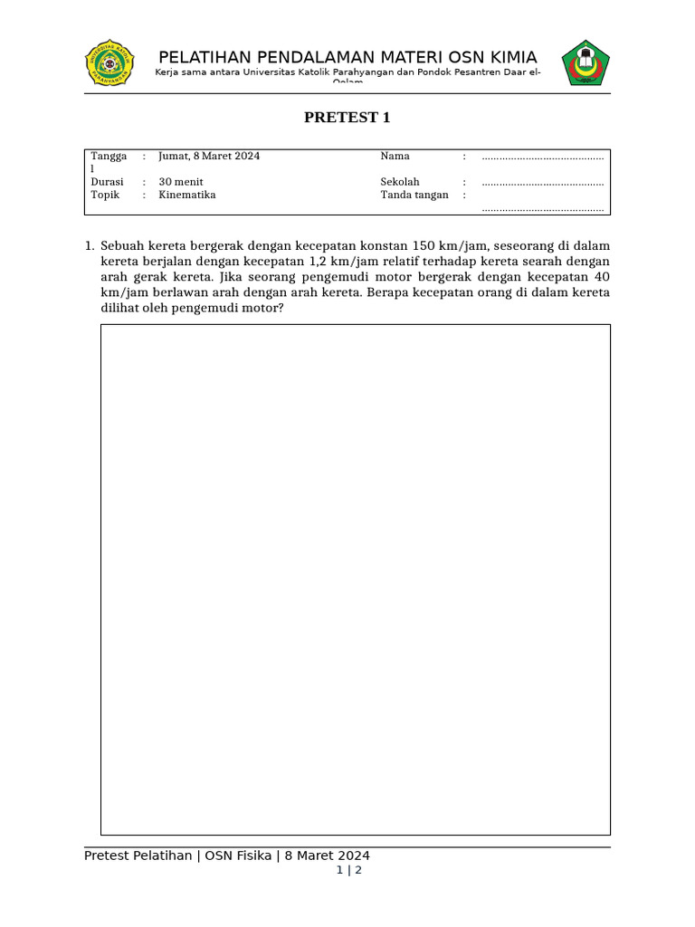 Pretest OSN Kimia: Kinematika 2024 | PDF