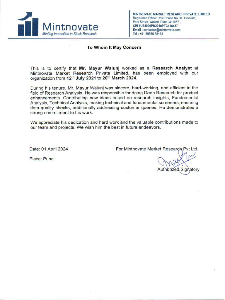 Mintnovate Exprince Letter | PDF