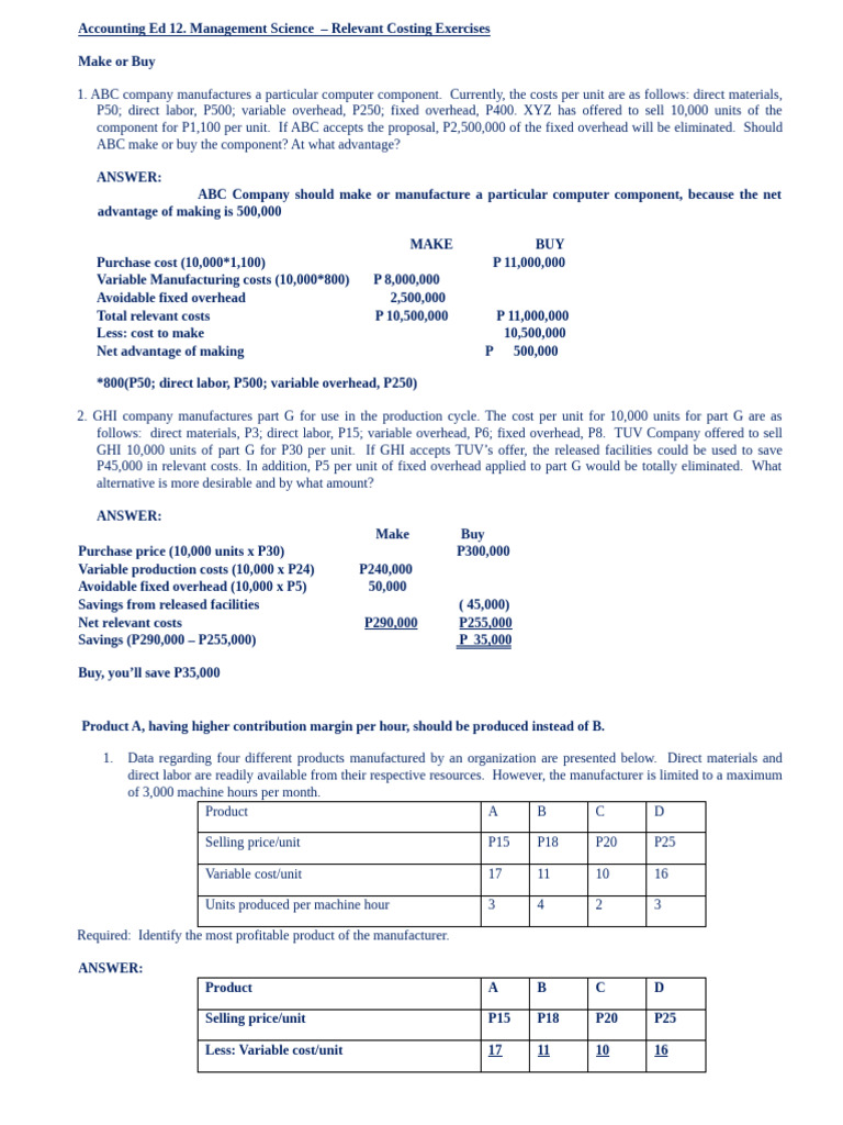 Relevant Costing Exercises for Decision Making | PDF | Business ...