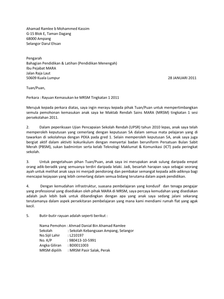 Surat Rayuan Mrsm Pdf