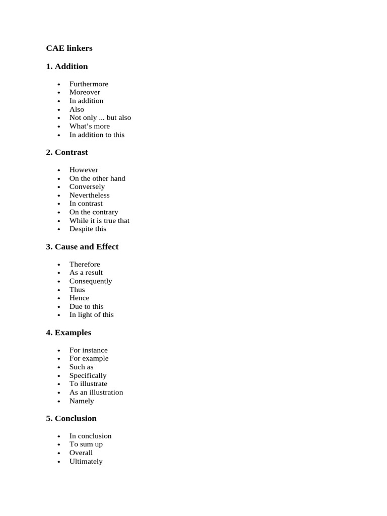 CAE Linkers: Types and Examples | PDF | Language Arts & Discipline