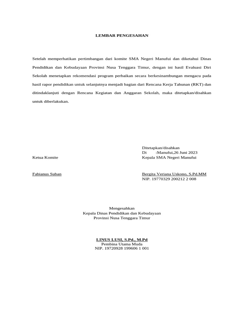 Pengesahan RKT SMA Negeri Manufui | PDF