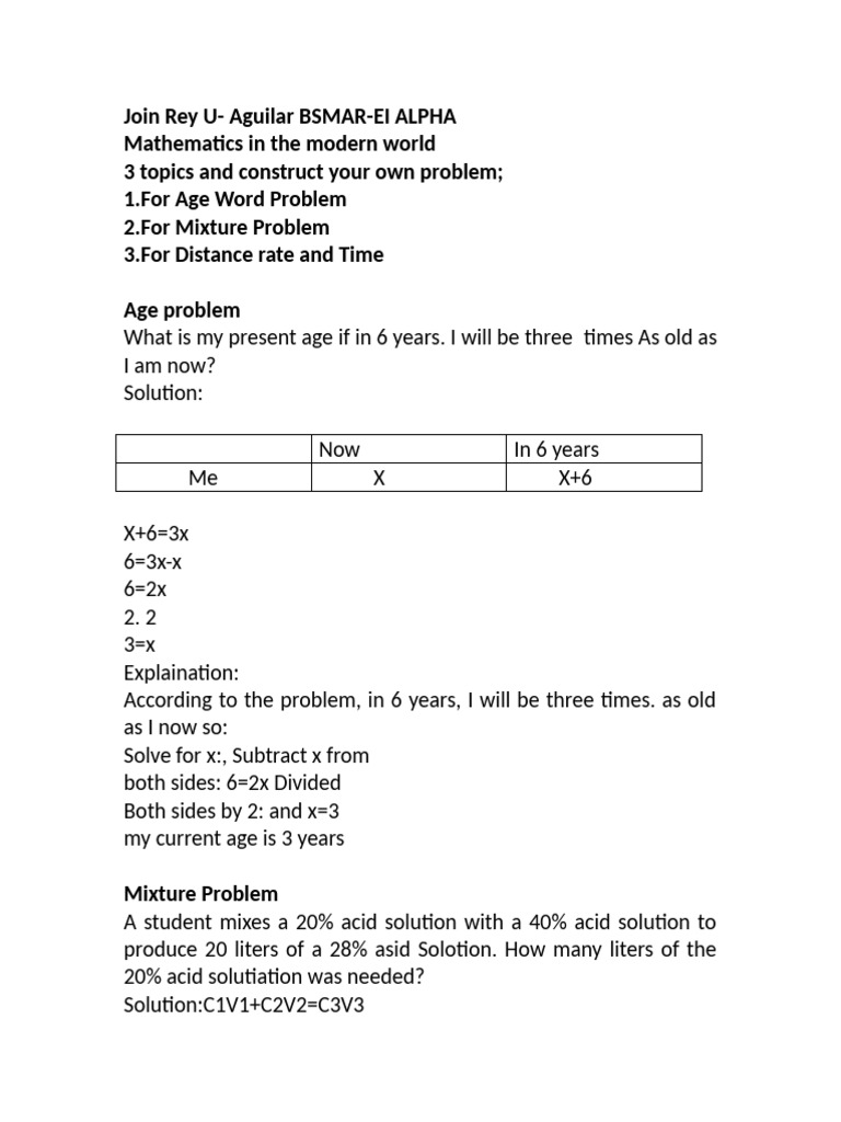 Constructing Math Problems: Age, Mixture, Distance | PDF | Equations ...