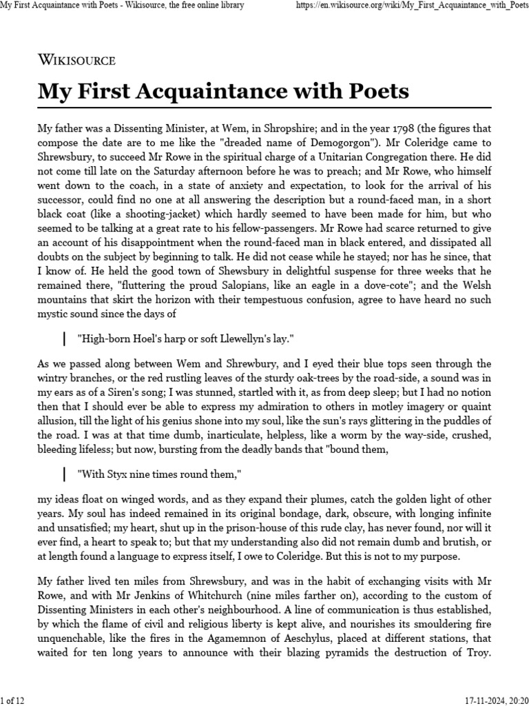 Hazlitt's First Encounter with Coleridge | PDF | Samuel Taylor ...