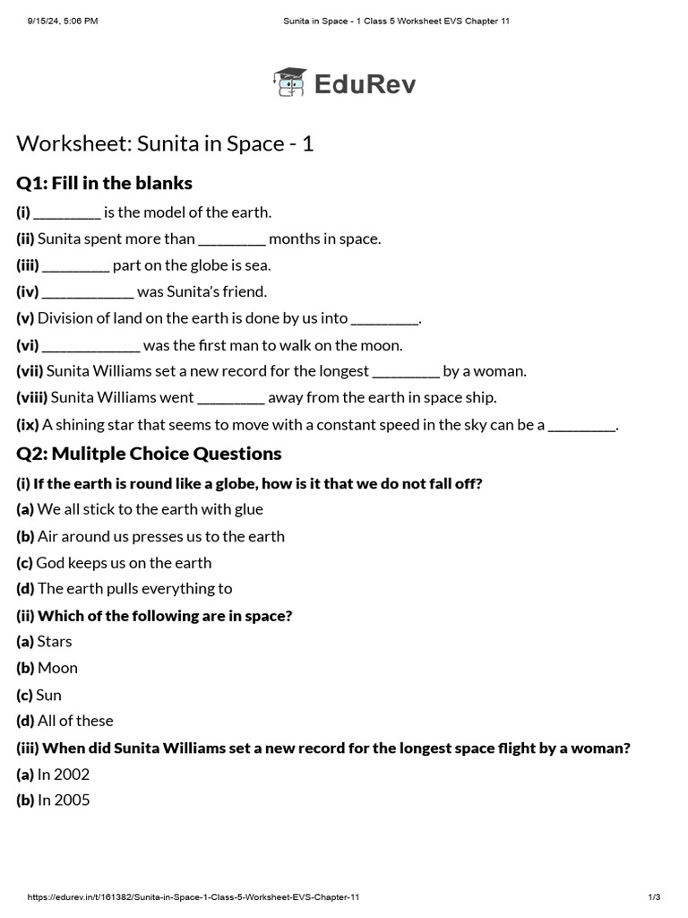 Sunita in Space 1 Class 5 Worksheet EVS Chapter 11 PDF