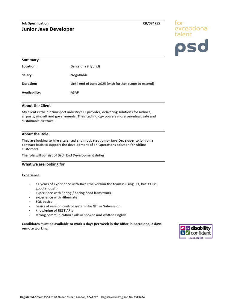 Junior Java Developer (BCN) - CR374755 | PDF