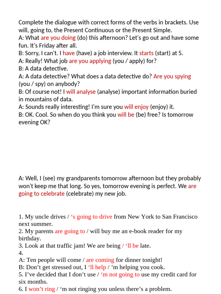 Verb Forms Dialogue Completion Exercise | PDF