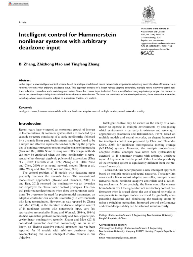 Intelligent control for hammerstein nonlinear systems with arbitrary