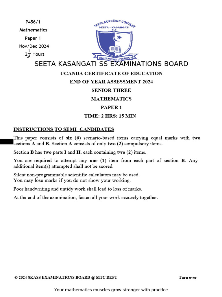 S3 Mathematics Scenario Questions 2024 | PDF