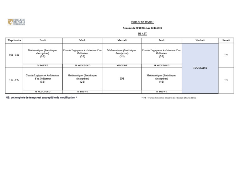 Emploi du temps semaine 28/10-02/11 | PDF