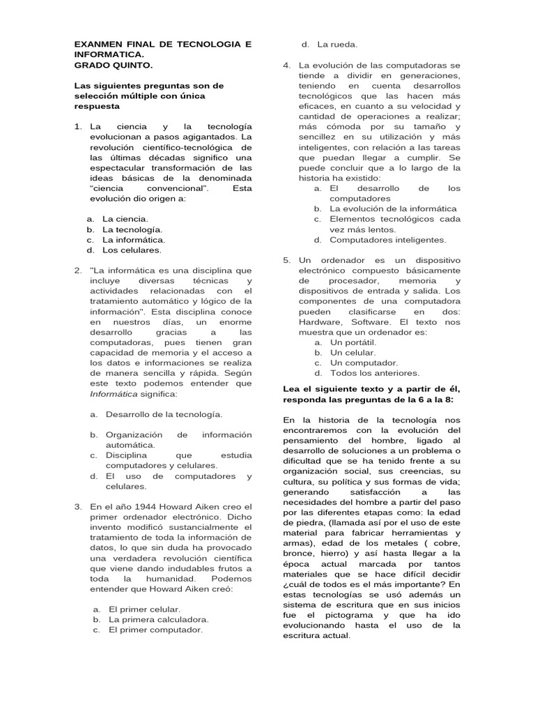 Exanmen Final de Tecnologia e Informatica 5º | PDF | Informática ...