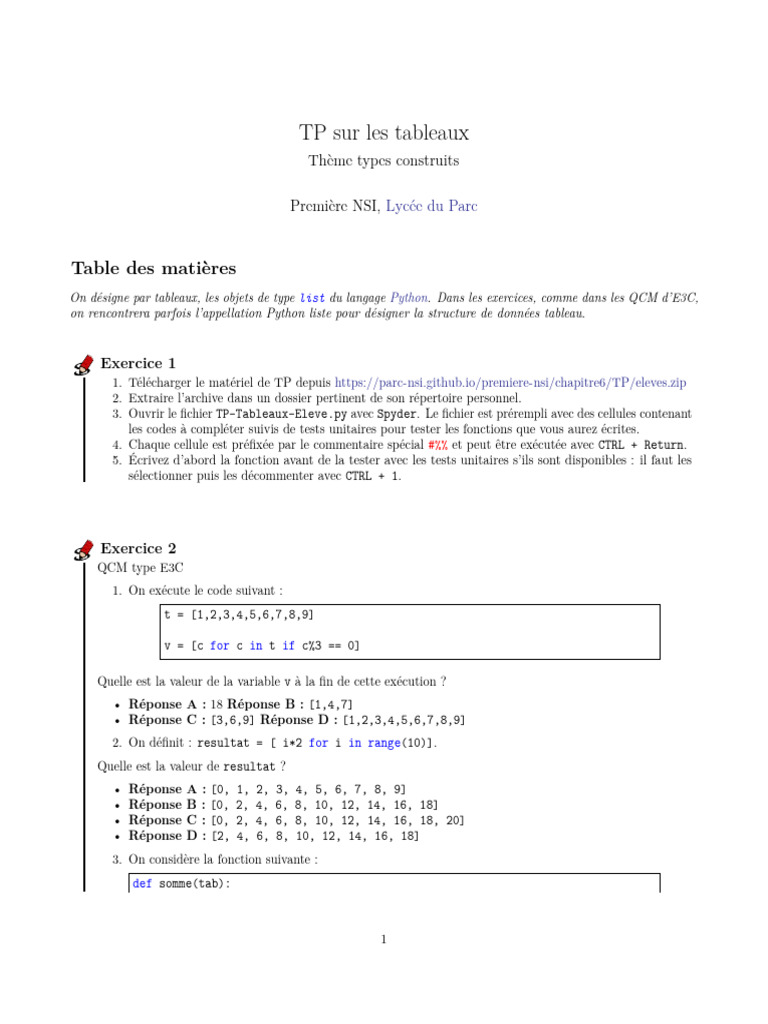 TP Python : Manipulation des Tableaux | PDF | Python (Langage de ...