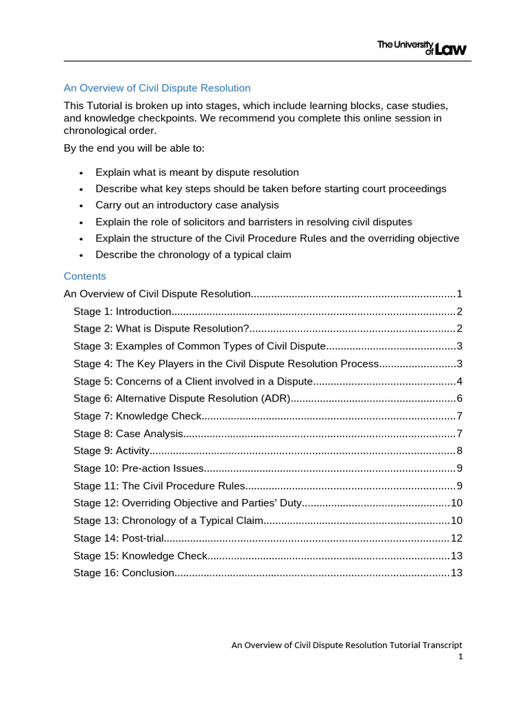 An Overview of Civil Dispute Resolution Tutorial Tarnscript | PDF ...