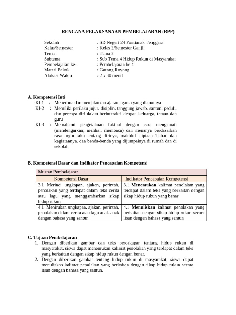 RPP Kelas 2: Gotong Royong Hidup Rukun | PDF