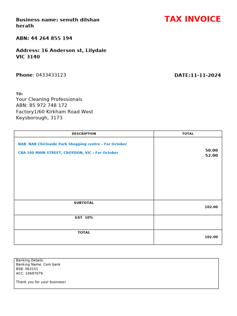 Invoice for Your Cleaning Professionals | PDF