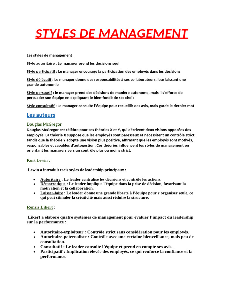 Styles de Management : Guide Complet | PDF | Direction | Business