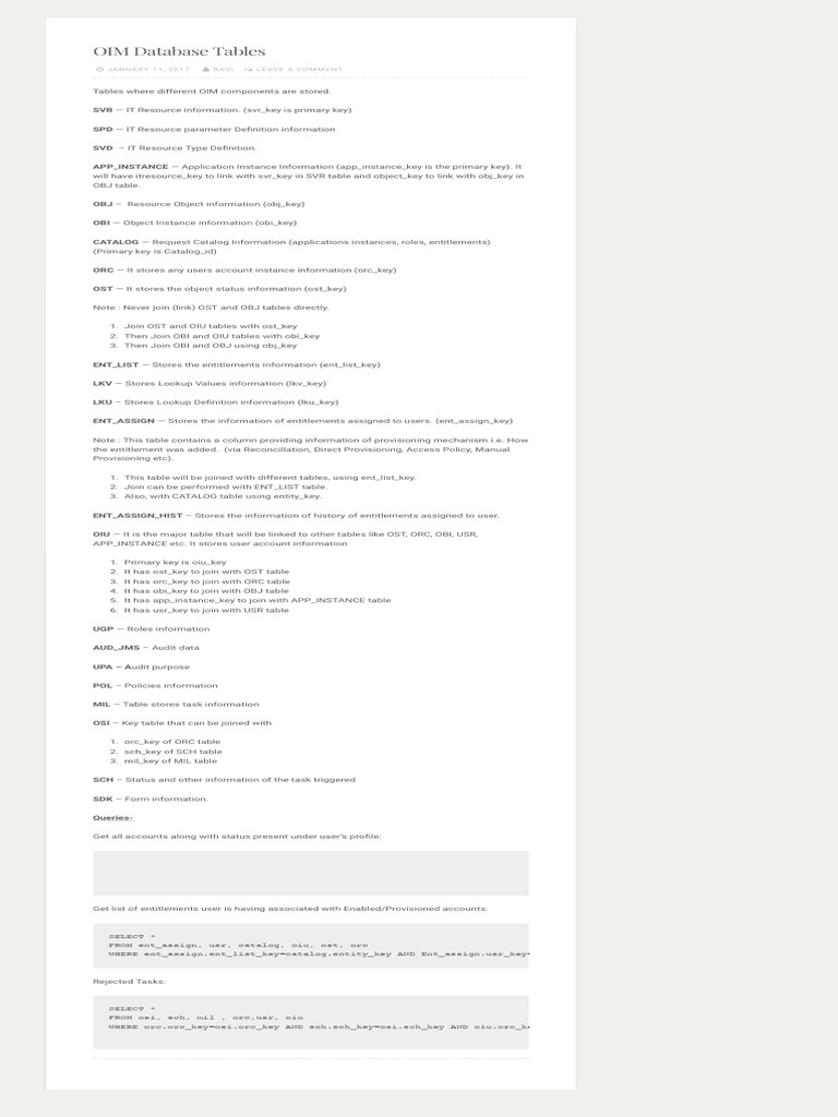 OIM Database Table Overview | PDF | Information Technology | Databases