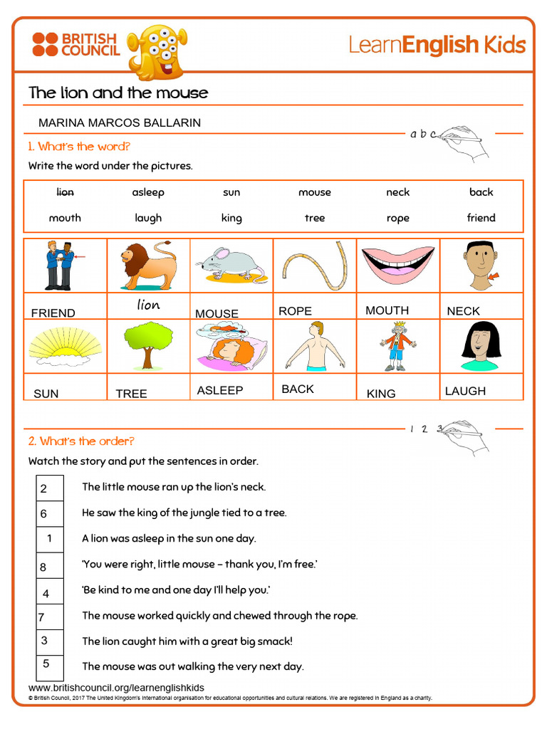 Short Stories Story Time The Lion and The Mouse Worksheet | PDF