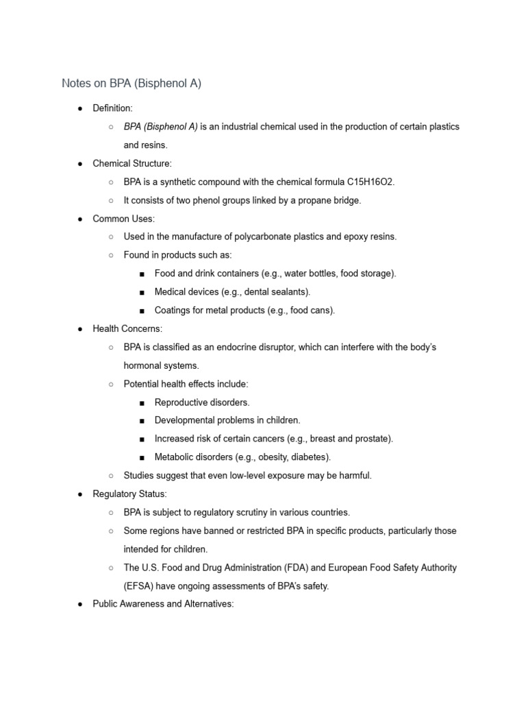 Notes On BPA (Bisphenol A) | PDF | Plastic