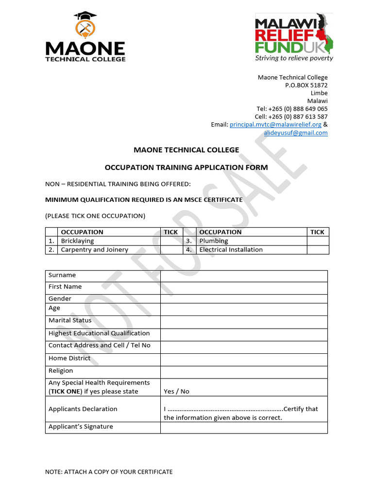 Maone Technical College Application 2025 | PDF