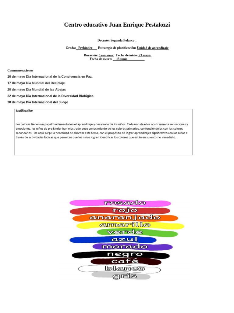 Unidad de Aprendizaje: Colores en Prekinder | PDF | Color | Dibujo