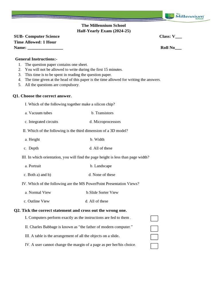 Computer Science Exam Paper Class V | PDF | Integrated Circuit ...
