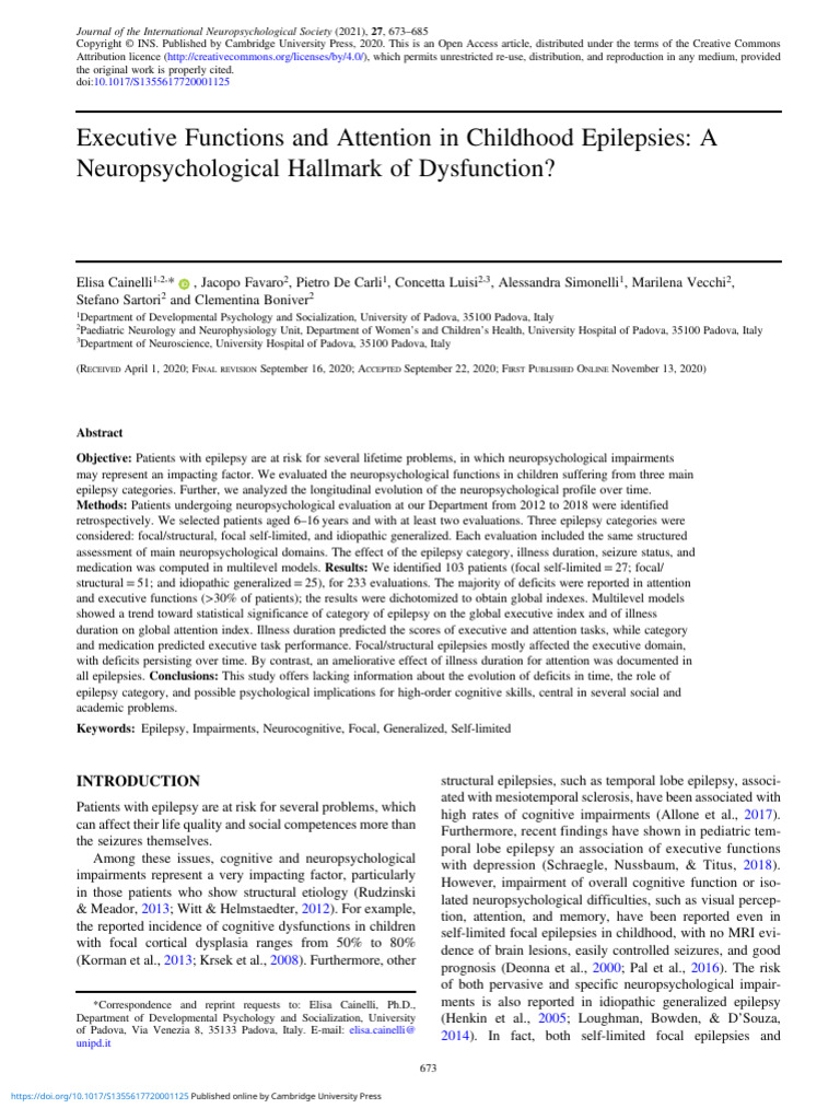 Executive Functions and Attention in Childhood Epi | PDF | Epilepsy ...