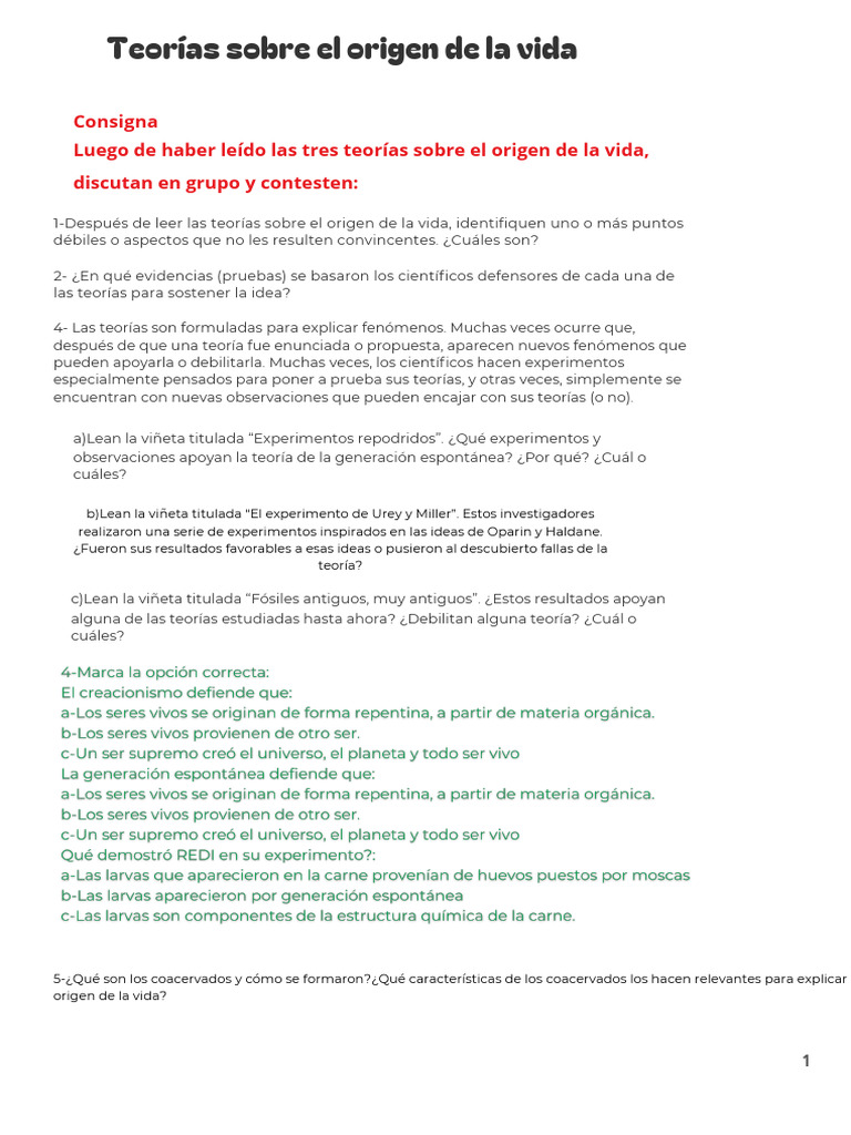 Teorías Sobre El Origen de La Vida PDF | PDF | Creacionismo | Evolución