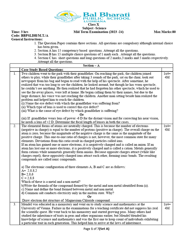 X QP Science 23-24.set A | PDF | Ion | Chemical Compounds