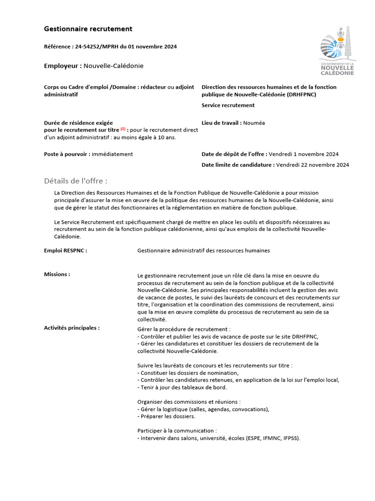 Offre de Gestionnaire Recrutement NC | PDF | Recrutement | Gestion des ...