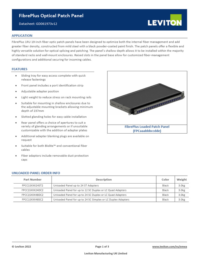 FiberPlus Optical Patch Panel 061973 | PDF | Optical Fiber ...
