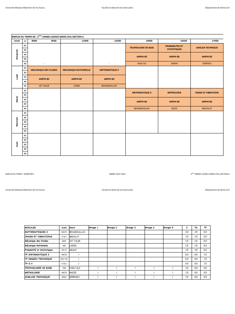 Emploi du Temps Licence 2 Semestre 3 | PDF | Mathématiques | Mécanique