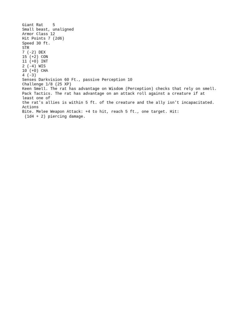 Giant Rat Stat Block for D&D 5E | PDF