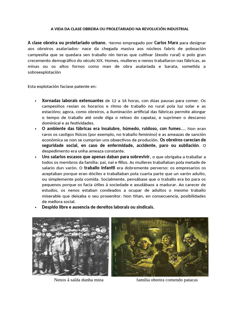 A Vida Da Clase Obreira Ou Proletariado Na Revoluciã N Industrial | PDF