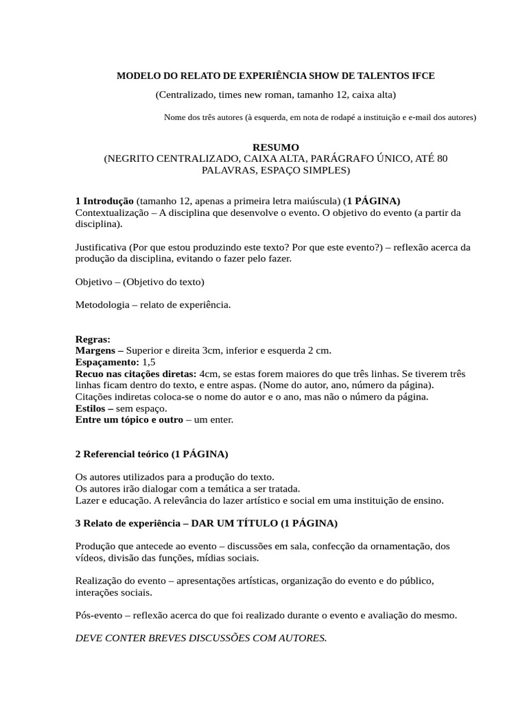 Modelo Do Relato de Experiência Show de Talentos Ifce | PDF