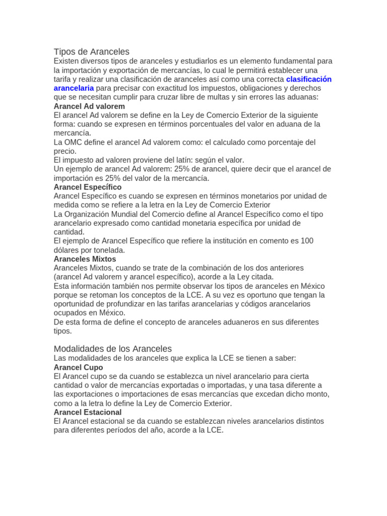 Tipos y Ejemplos de Aranceles | PDF