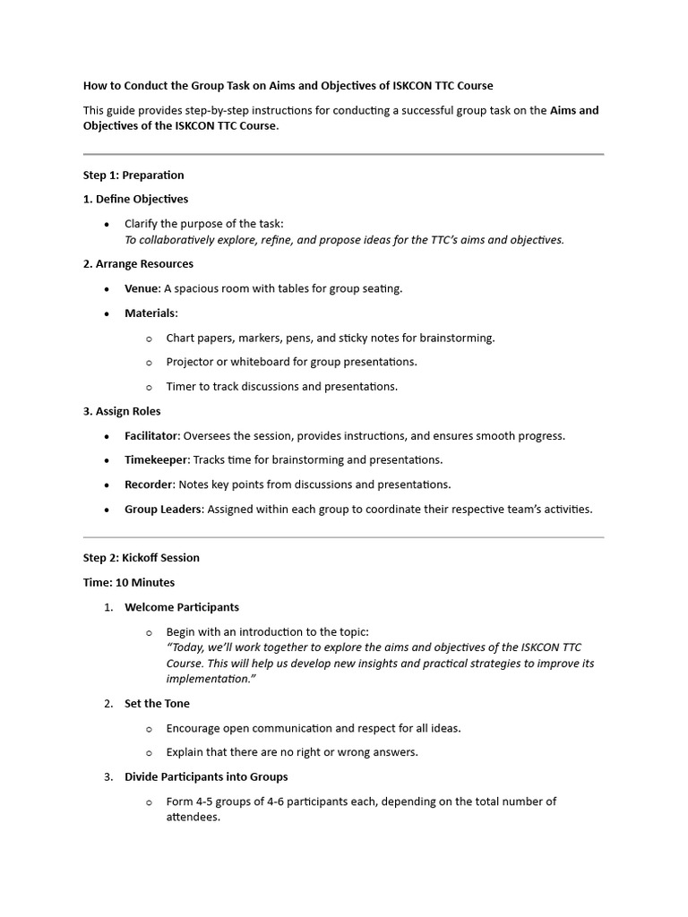 Conducting ISKCON TTC Group Task Guide | PDF | Brainstorming | Human ...