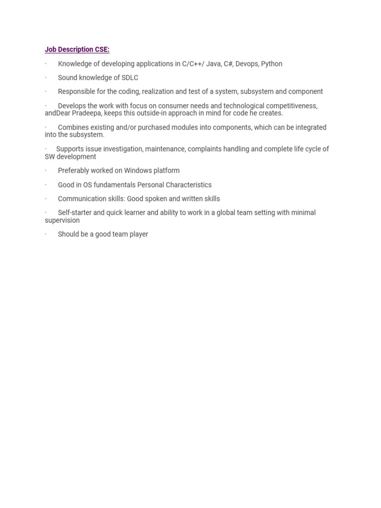 CSE Job Description: Software Developer | PDF | Computers