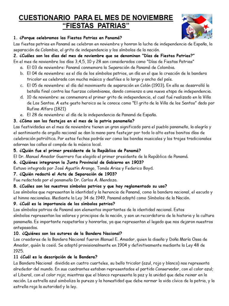 Cuestionario sobre Fiestas Patrias en Panamá | PDF | Panamá