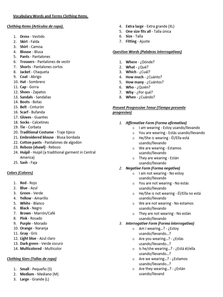 Vocabulario de Ropa y Colores | PDF | Moda | Color