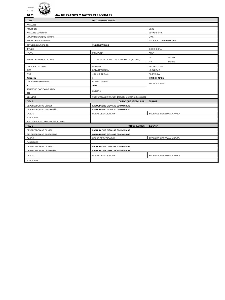Declaración Jurada de Personal UNLP | PDF