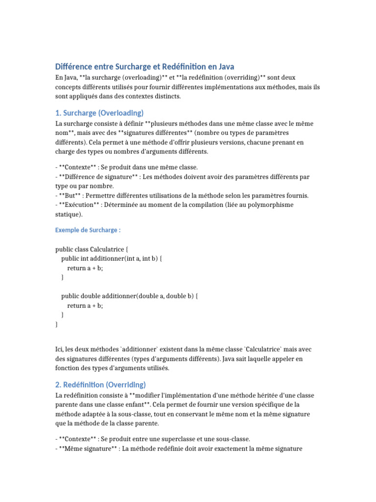 Surcharge vs Redéfinition en Java | PDF | Classe (informatique) | Java ...
