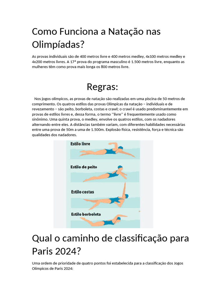 Natação nas Olimpíadas: Provas e Classificação | PDF