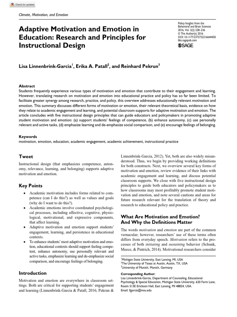Linnenbrink Garcia Et Al 2016 Adaptive Motivation And Emotion In 