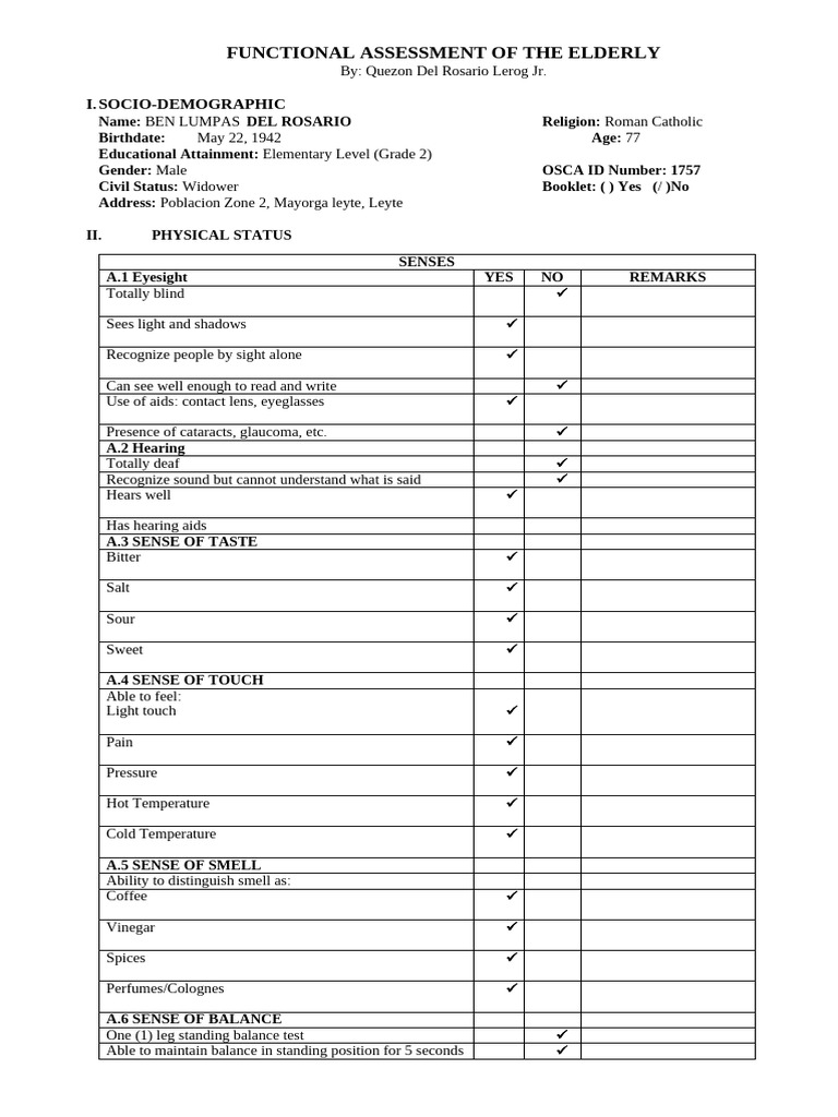 Mayorga Functional Assessment of The Elderly | PDF | Senses | Taste