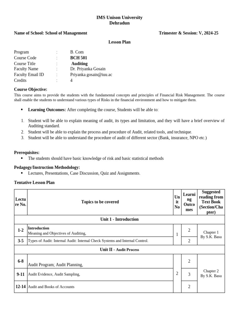 Auditing Course Plan for B.Com 2024-25 | PDF | Audit | Lesson Plan